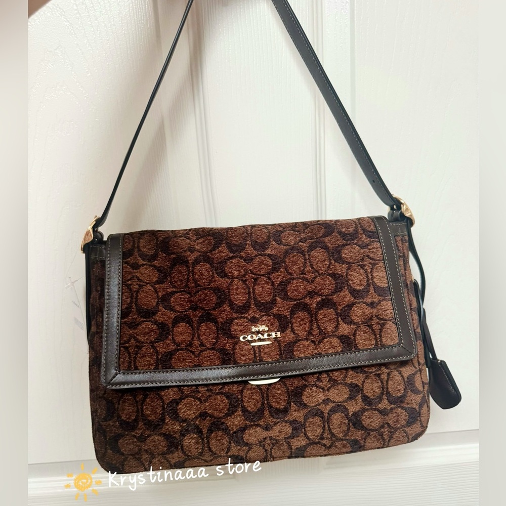 NWT Coach Etta Flap Shoulder Bag in Signature Chenille CCE58 Truffle